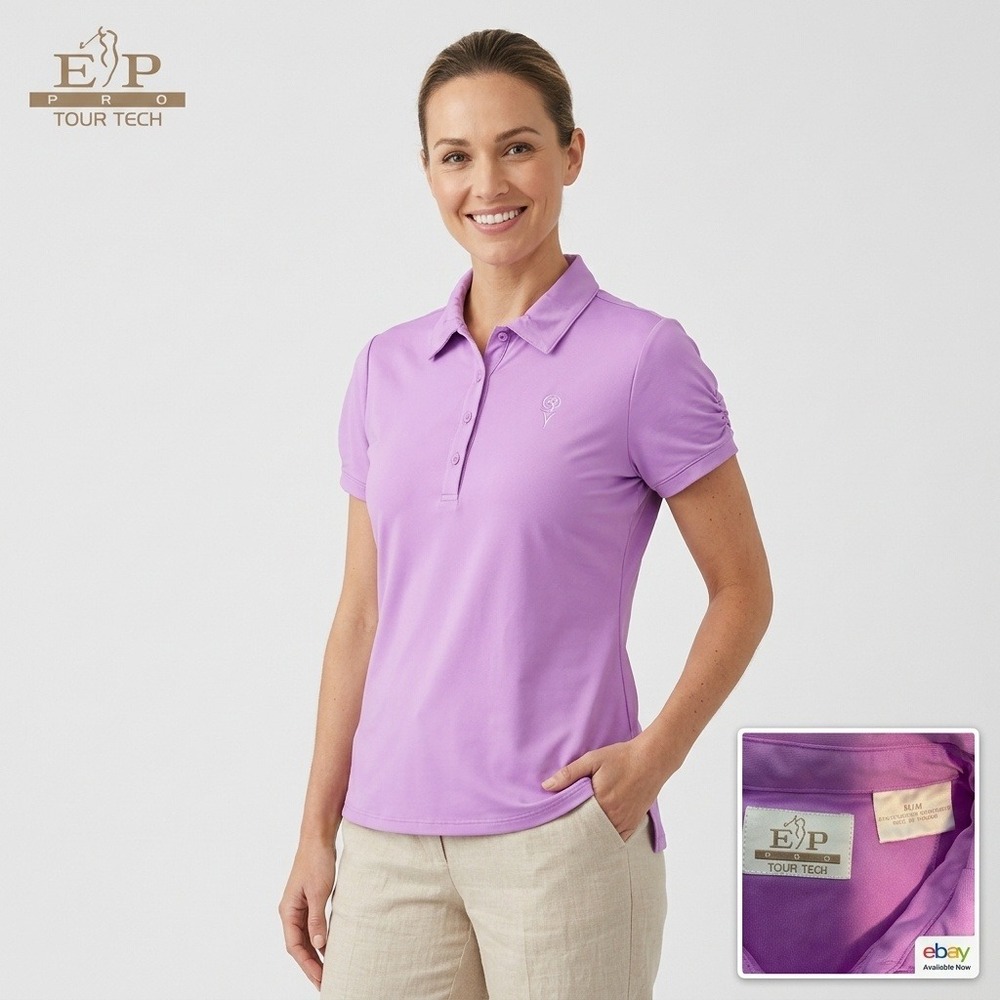 EP Pro Tour Tech Polo Womens Slim Lavender Excellent Ruched Sleeve Athletic